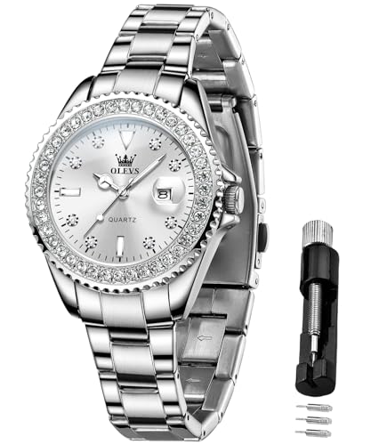 OLEVS 腕時計レディース ステンレス 日本製クォーツ ダイヤ文字盤 夜光 見やすい 30M防水 人気 かわいい おしゃれ ビジネス 女性プレゼント watch for women ホワイト